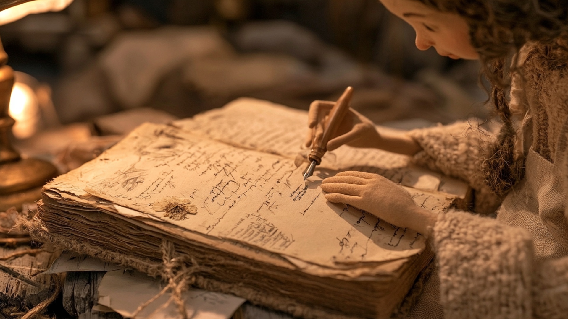 Macro cinematic push toward the open book and writing hand. The pen writes one short continuous l...