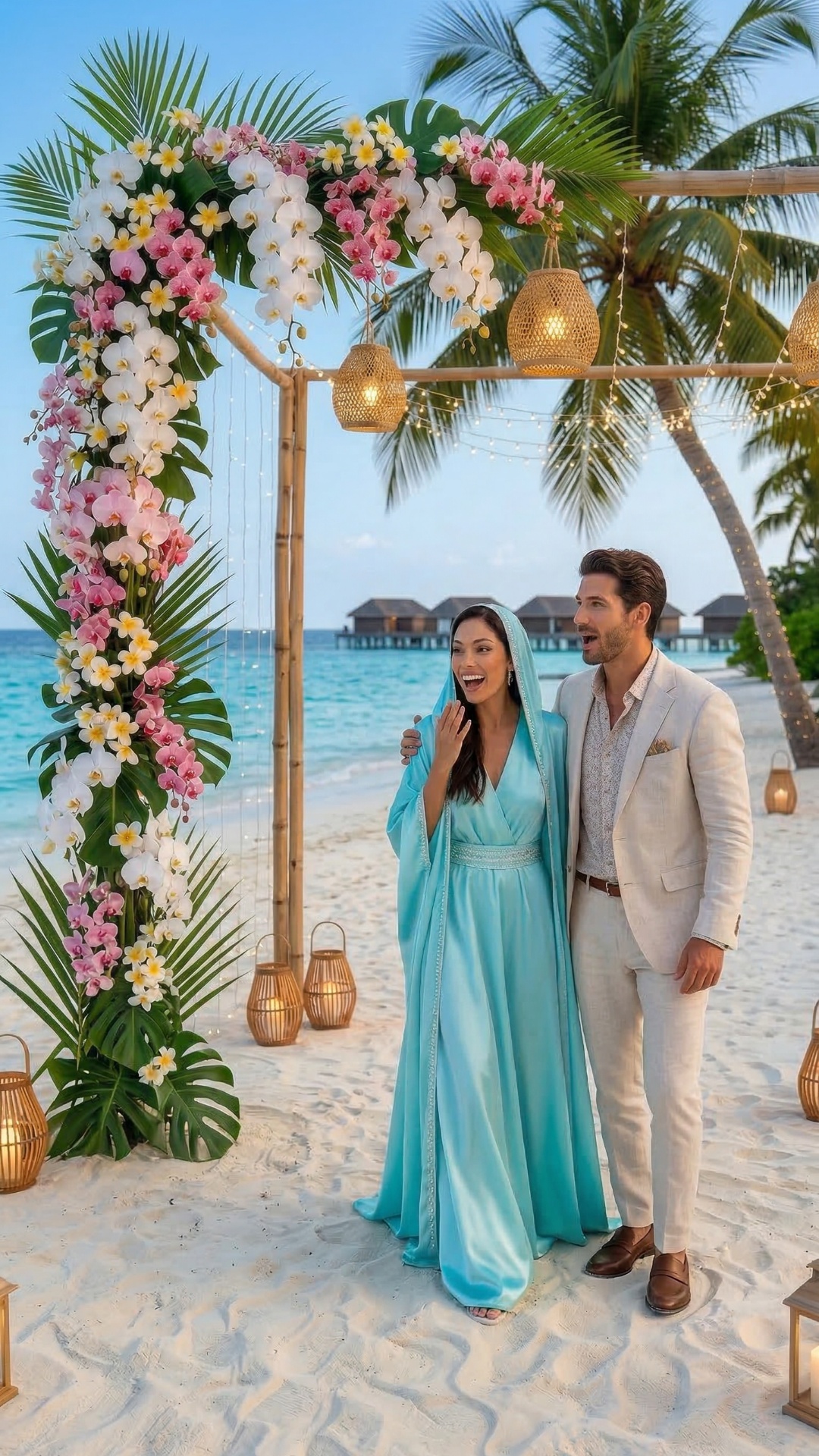 couples is happy to see decorations, when evening comes, they have a dinner
