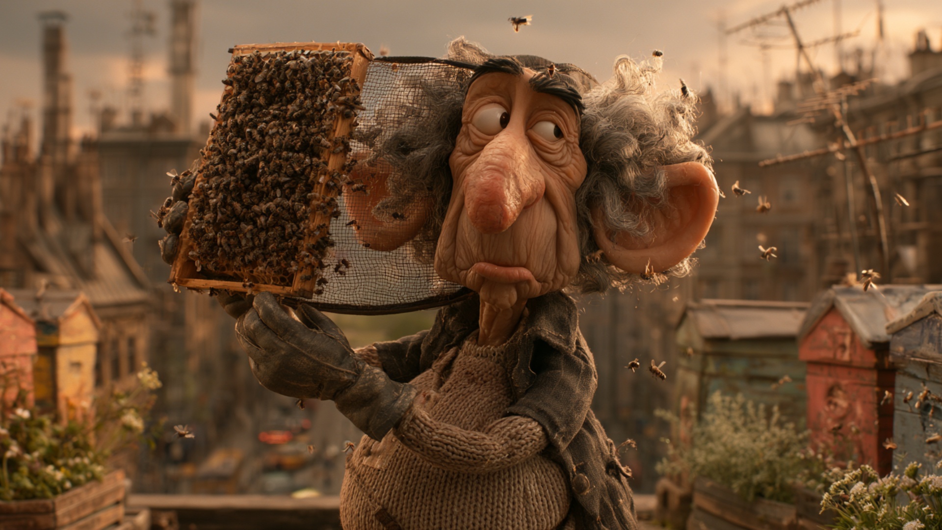 The urban beekeeper holds the honeycomb frame steadily near her face and slowly tilts it a few de...