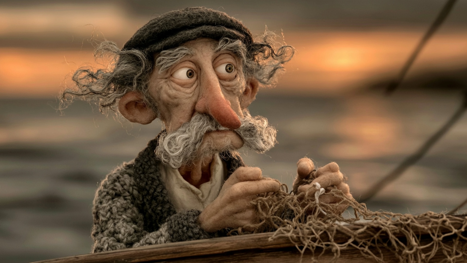 The fisherman's hands pull a knot in the net tight, wind tugging at the loose net edges and his h...
