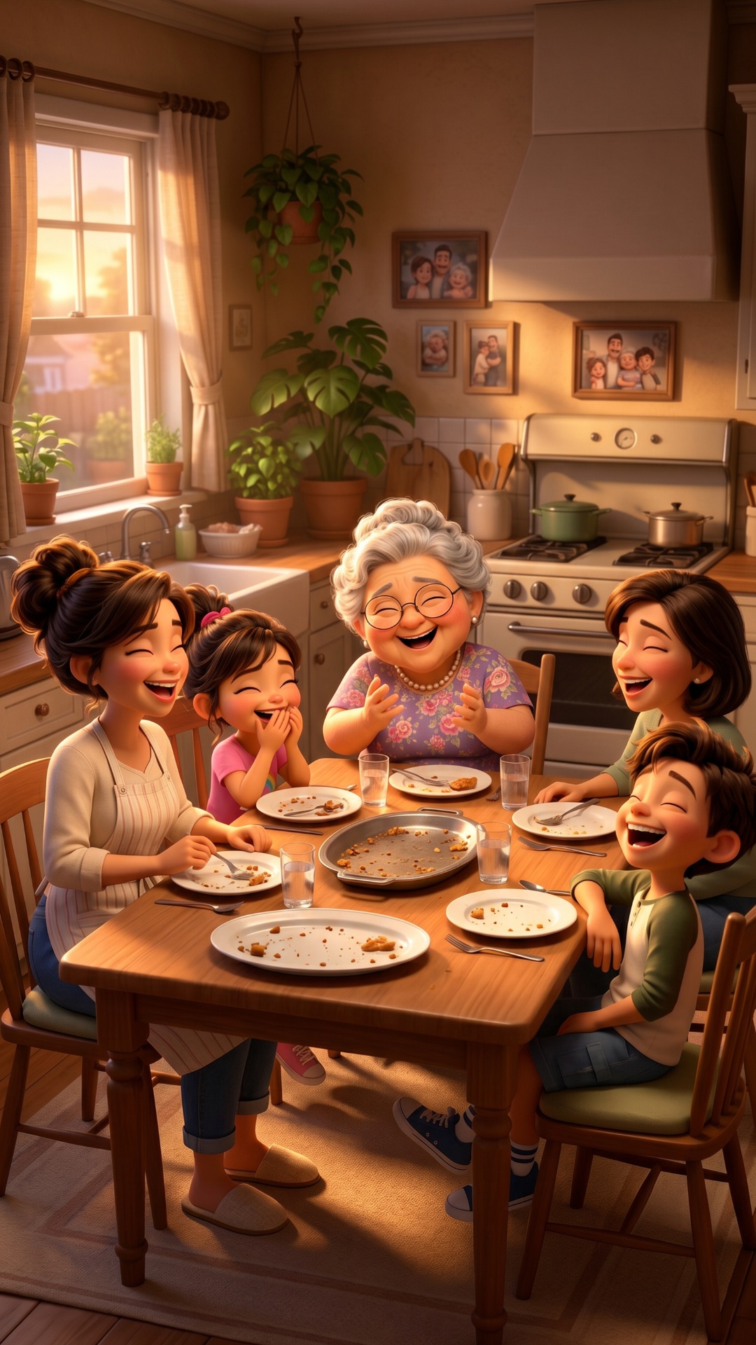 Warm cozy evening in a family kitchen. Everyone is already sitting around the table after dinner....