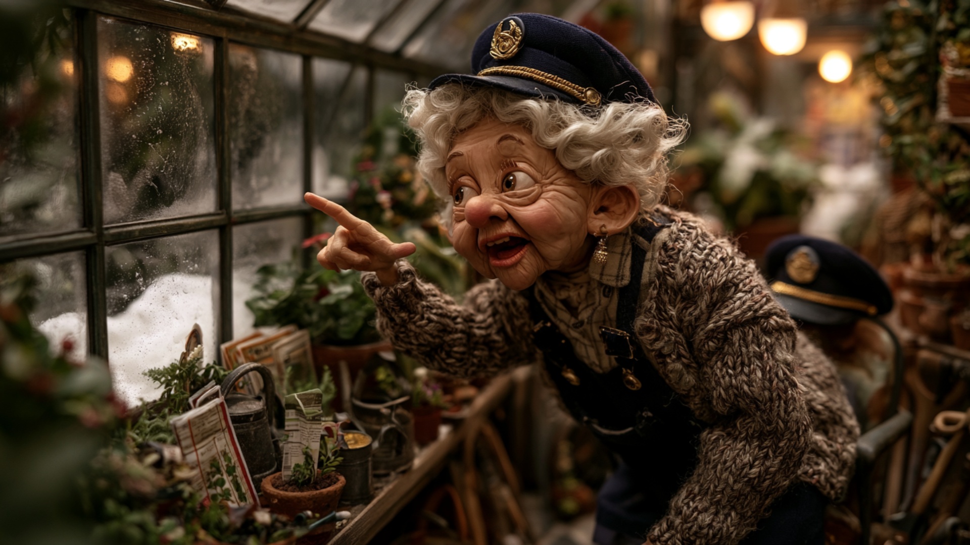 Start from her exact pointing pose beside the fogged greenhouse window. She lightly taps the fros...