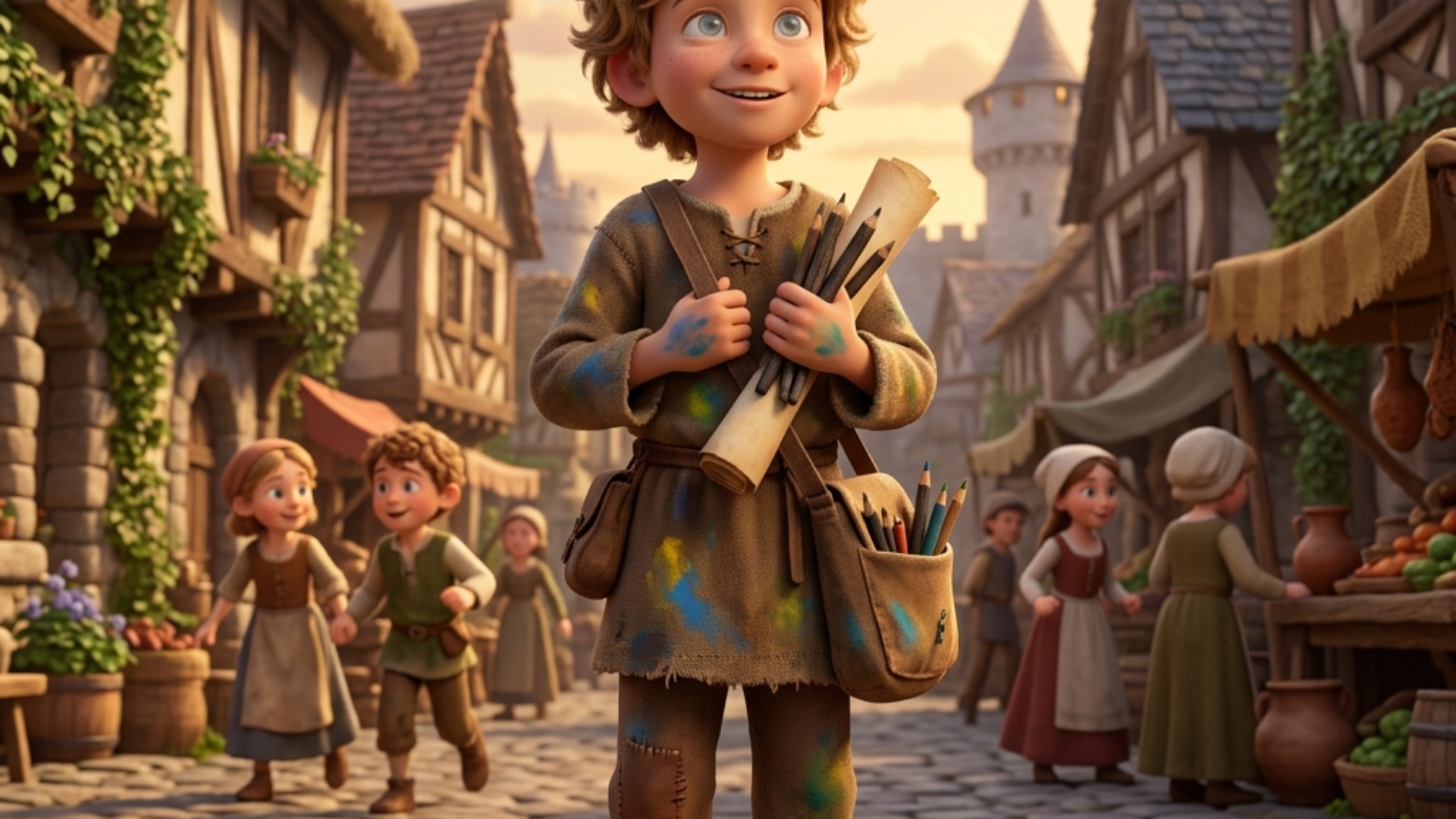 Art style: 3D Pixar.

Мальчик, 8-10 лет эпохи средневековья, с добрыми, но невидящими глазами, ко...
