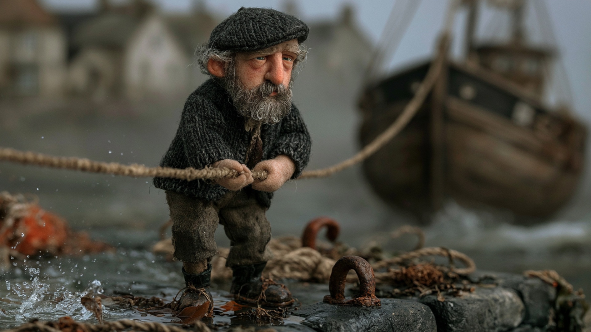 The fisherman keeps the mooring rope under tension, shifts his hands closer together and wraps on...