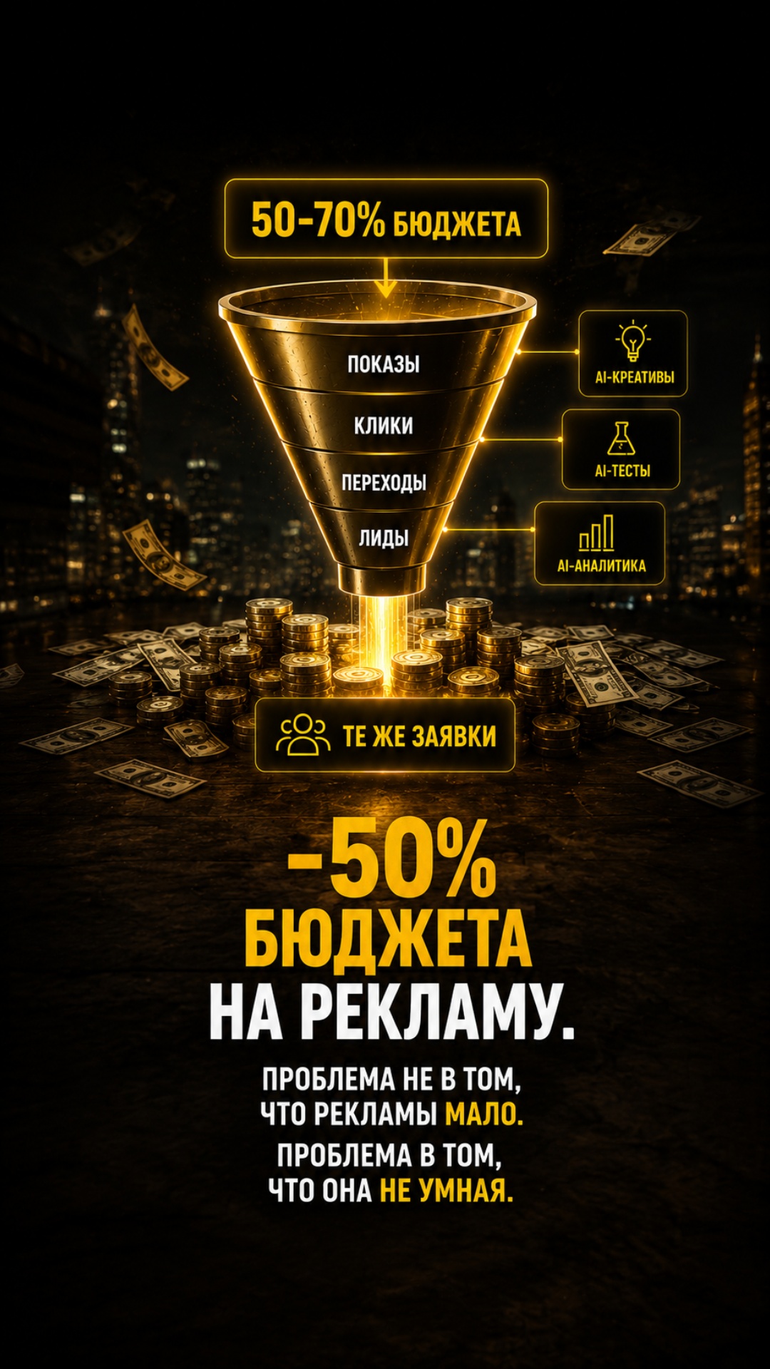 ultra cinematic 9:16 shot of a huge golden marketing funnel in the center of a dark city night ba...