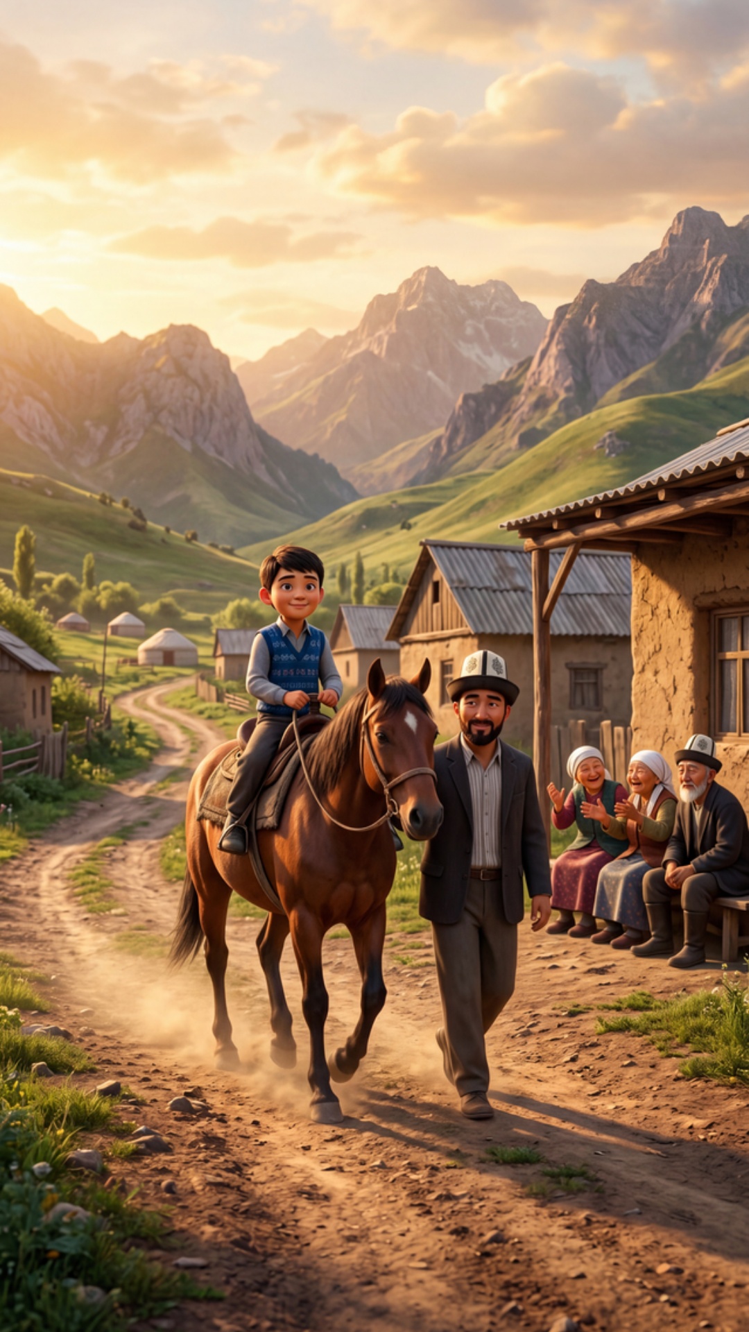 Pixar 3D animation, cinematic realism. Kyrgyz village, sunny day, 
mountains in background. Four...