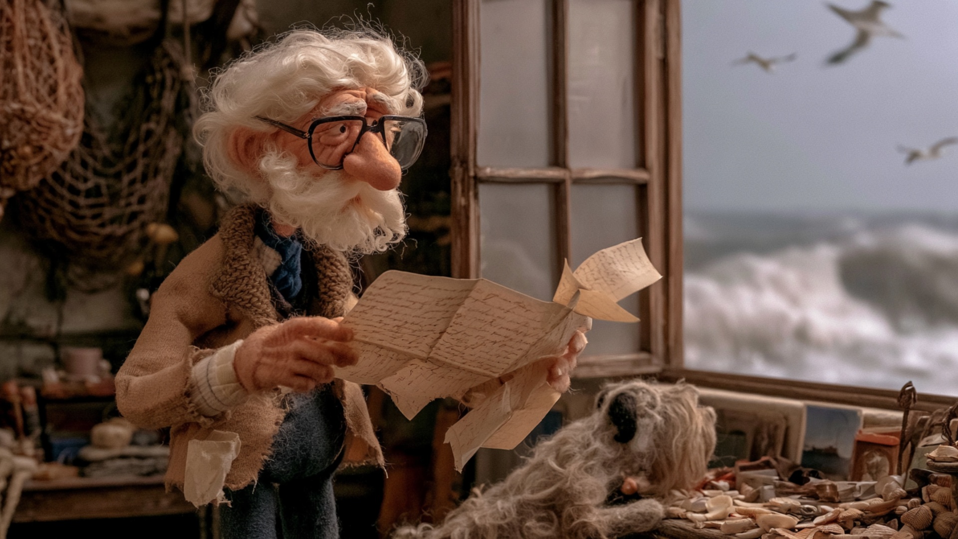 The elderly man continues reading the handwritten letter beside the open window, slowly moving hi...