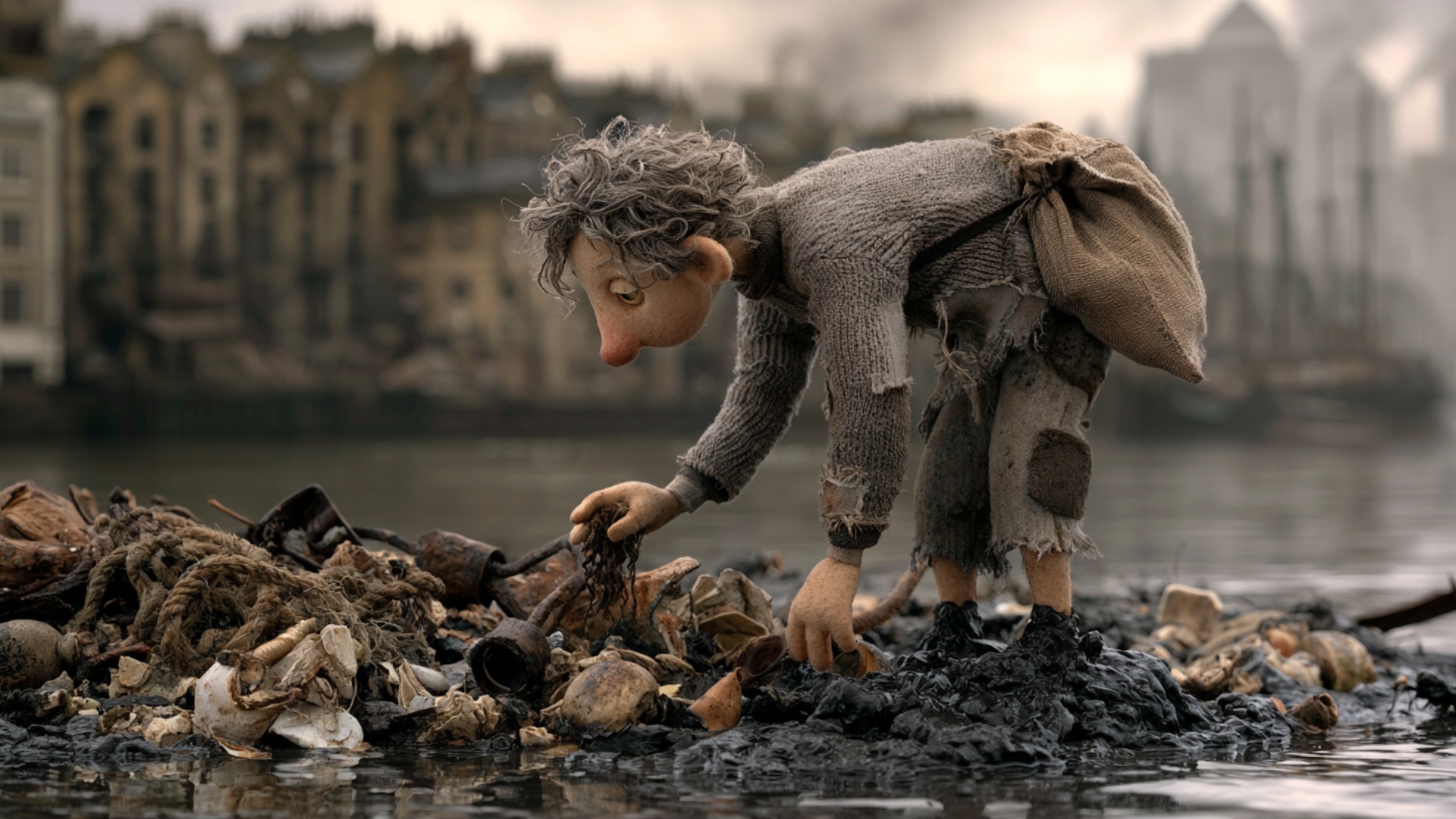 From his existing bent position, the mudlark slowly searches through the wet debris with one hand...