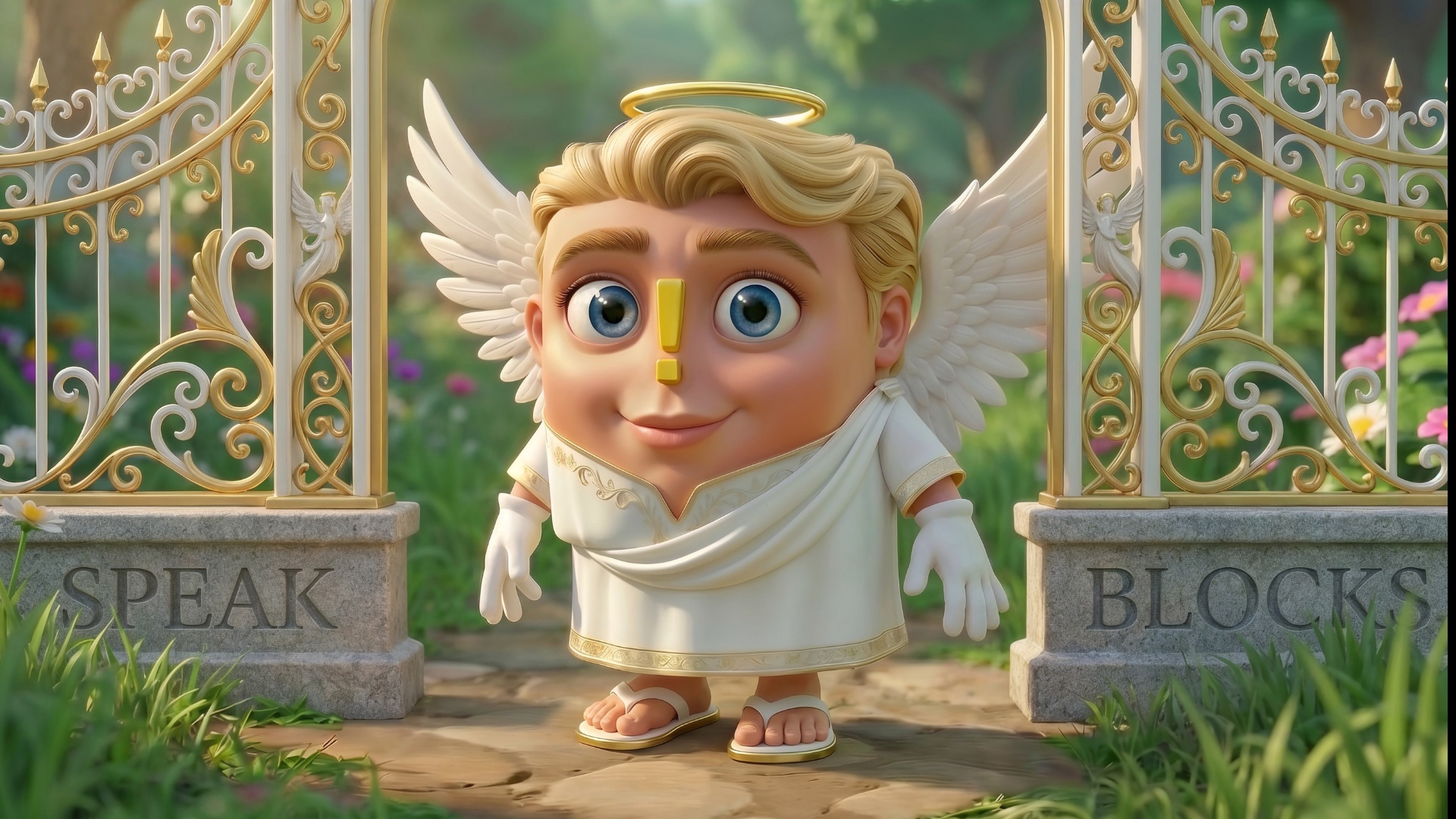 Character Identity & Visual Constants:
The character is a stylized 3D angel with a monolithic cu...
