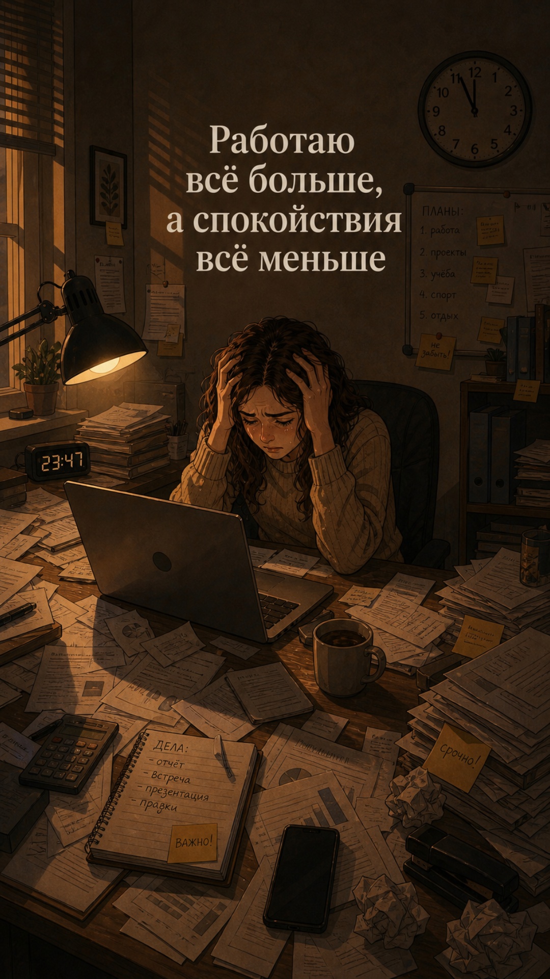 «Ночная тёплая лампа освещает рабочий стол, время на часах почти полночь. Девушка сидит за завале...