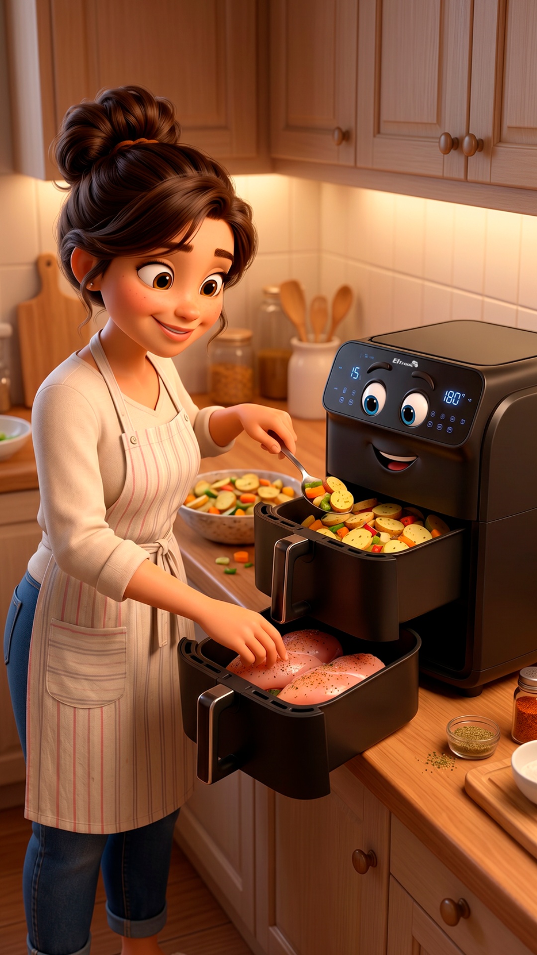 Mother carefully places potato slices and vegetables into the upper basket of the dual-zone air f...
