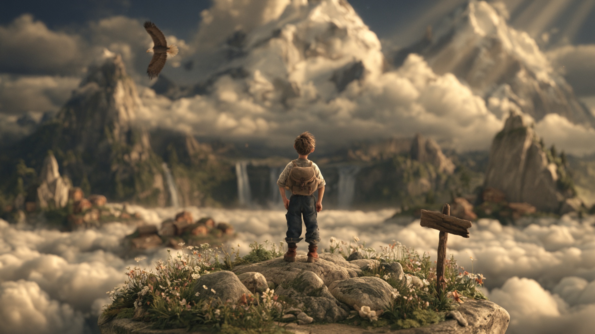 The lone traveler remains standing firmly on the rocky summit above the sea of clouds. Strong hig...
