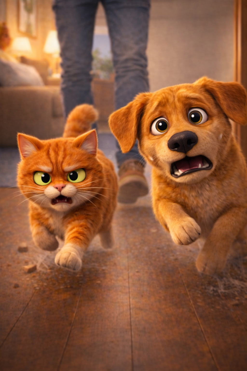 Pixar style, камера фронтально на уровне пола, ракурс не меняется, животные БЫСТРО бегут на нас. ...